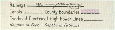 Map key to railways, canals, power lines and county boundaries